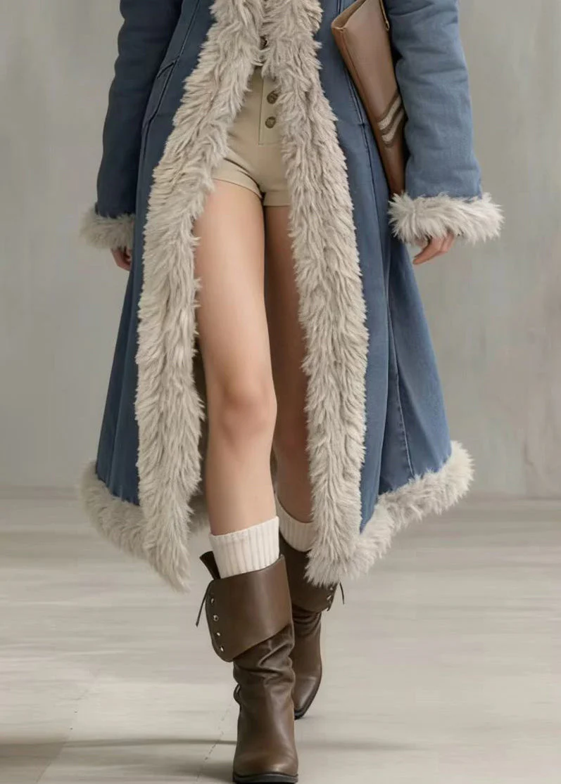 Italian Denim Blue Peter Pan Collar Patchwork Faux Fur Cotton Filled Trench Winter - Image 4