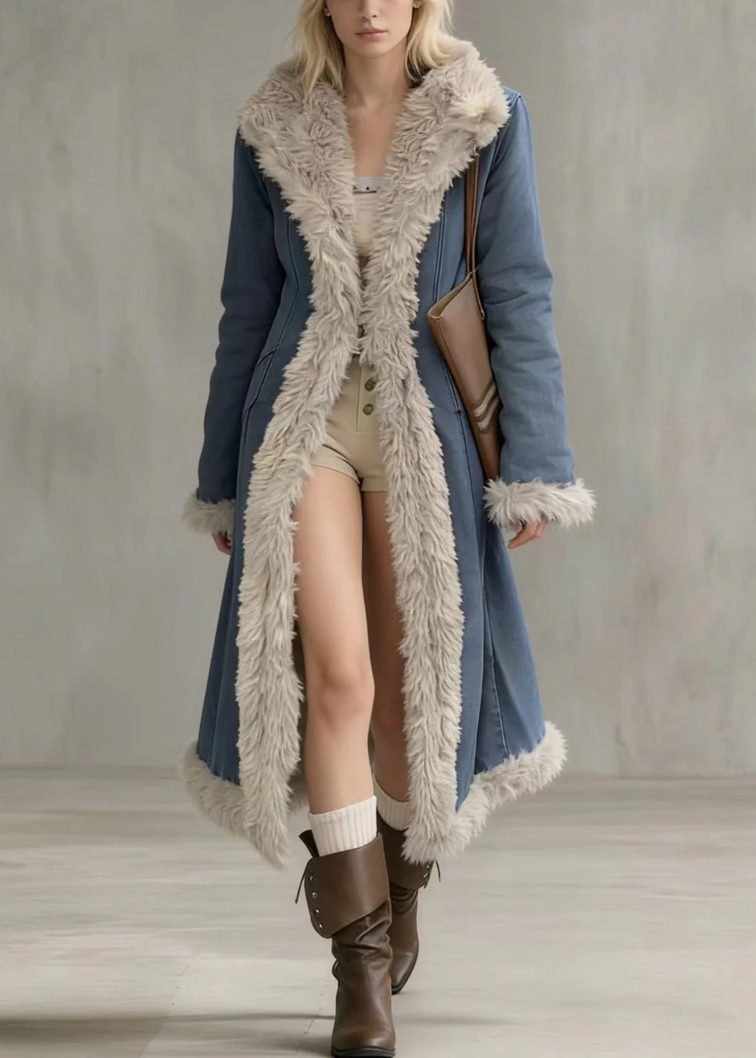 Italian Denim Blue Peter Pan Collar Patchwork Faux Fur Cotton Filled Trench Winter - Image 5