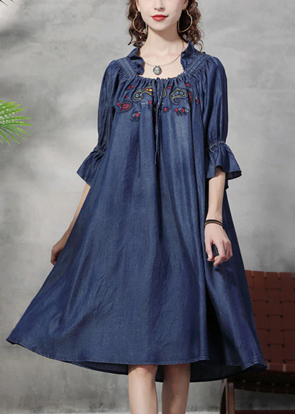 Italian Denim Blue Ruffled Embroideried Cotton A Line Dress Half Sleeve - Image 2