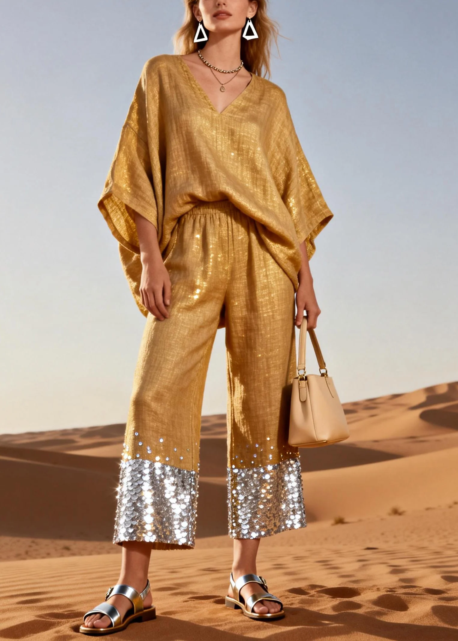 Italian Gold V Neck Elastic Waist Sequins Patchwork Linen Two Pieces Set Batwing Sleeve - Image 3