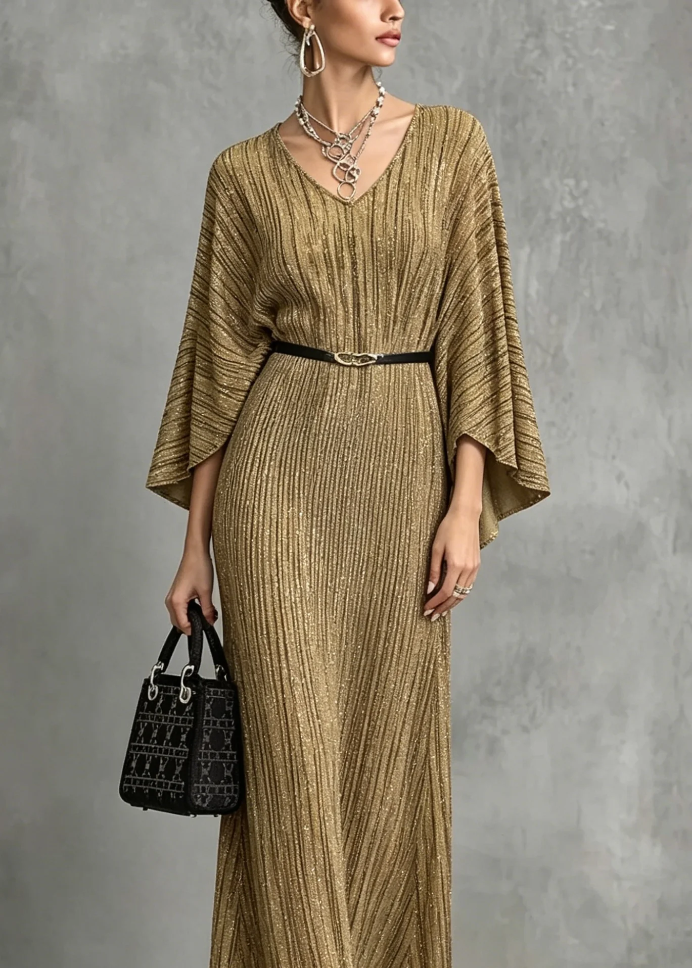 Italian Gold V Neck Long Dresses Batwing Sleeve - Image 2