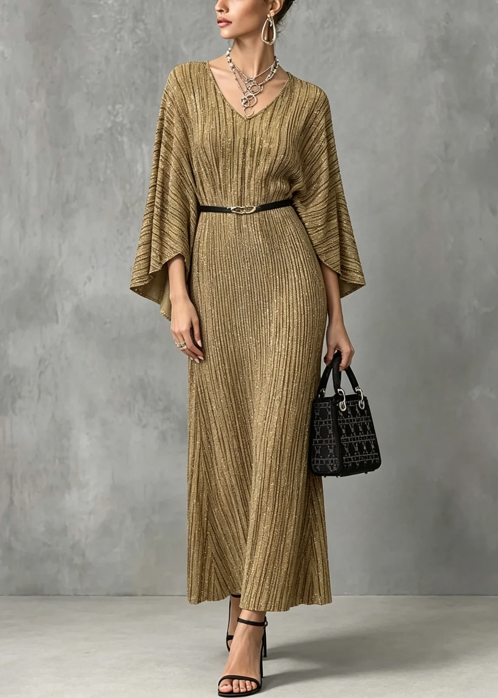 Italian Gold V Neck Long Dresses Batwing Sleeve - Image 3