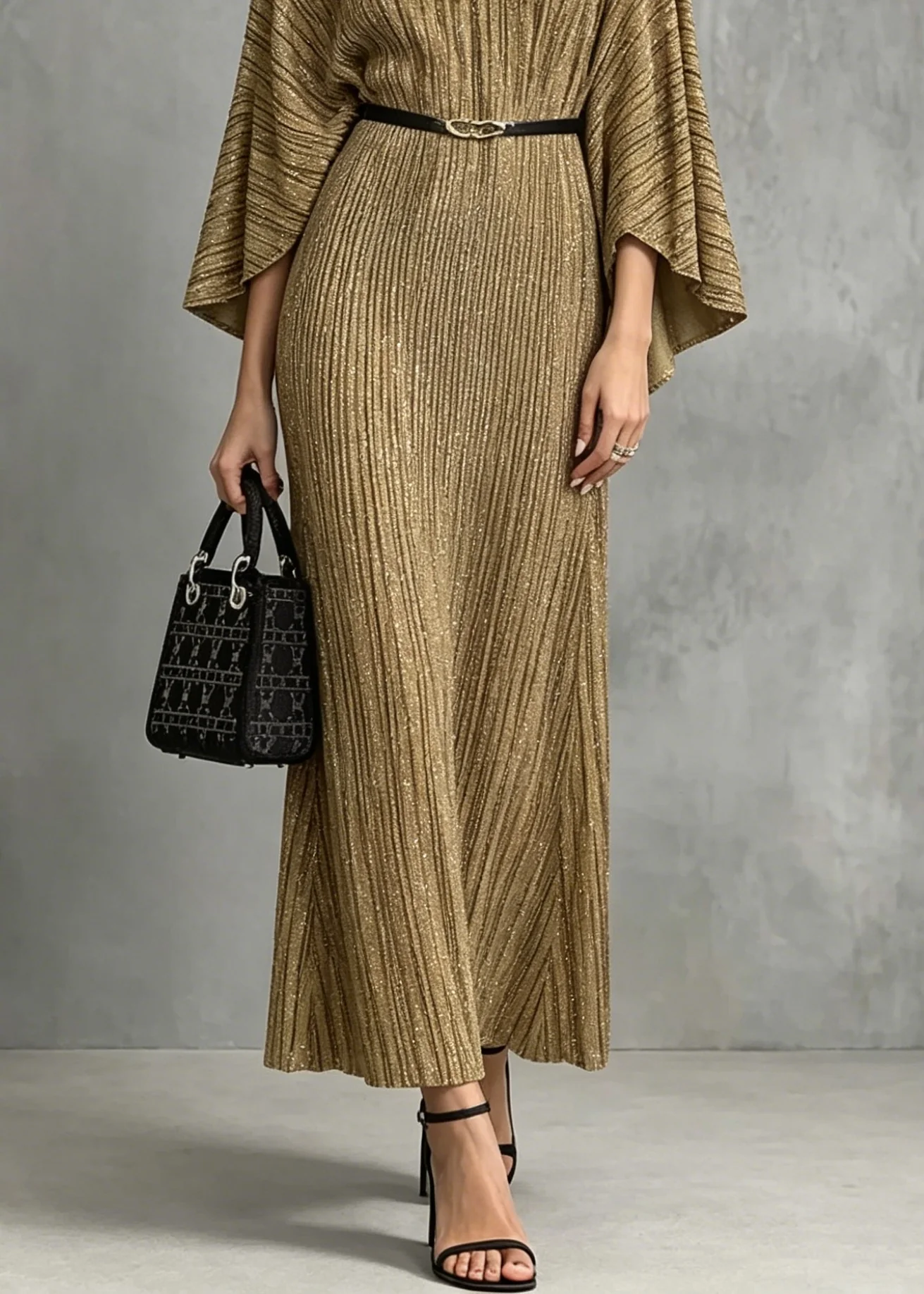 Italian Gold V Neck Long Dresses Batwing Sleeve - Image 4
