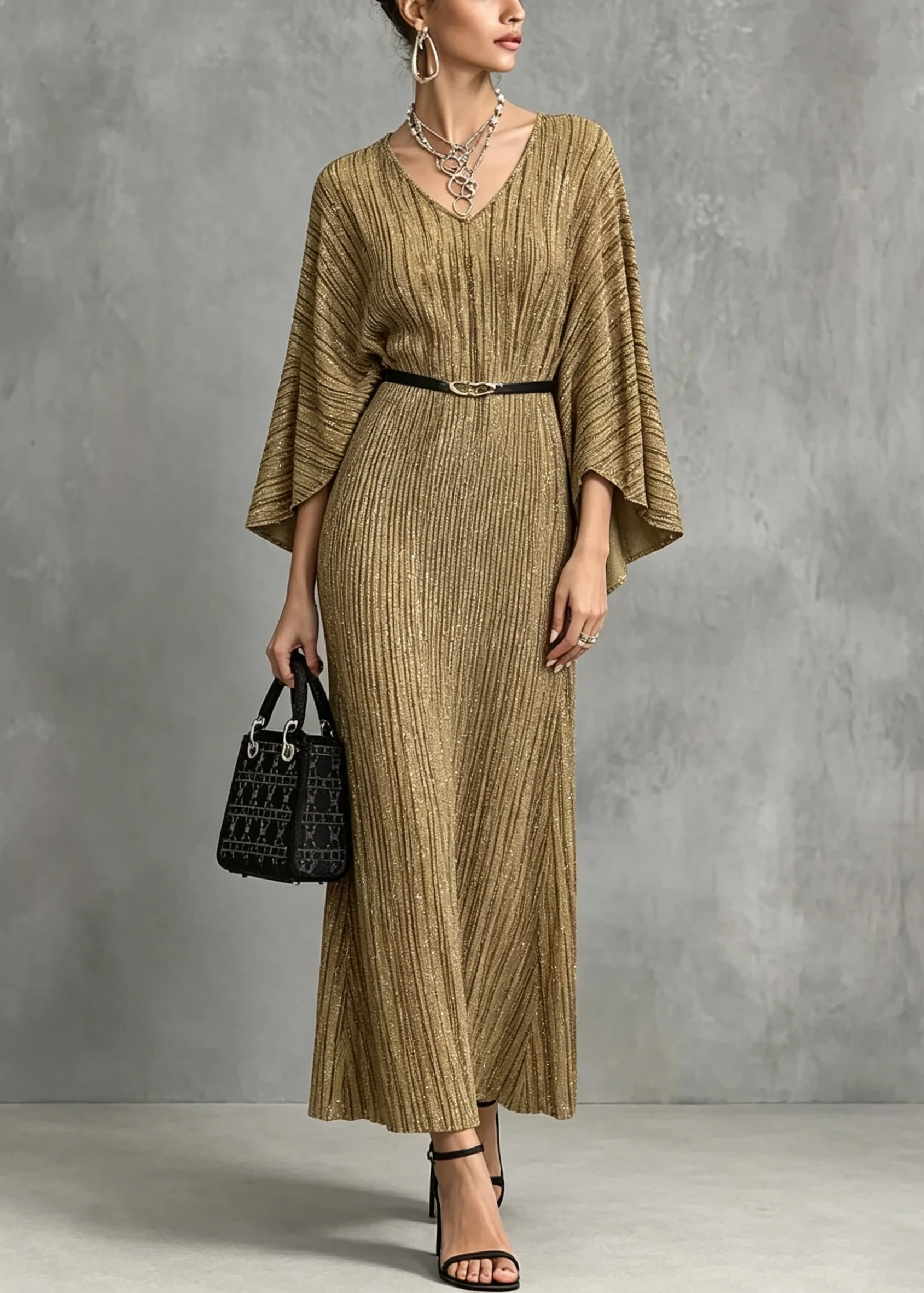 Italian Gold V Neck Long Dresses Batwing Sleeve - Image 5