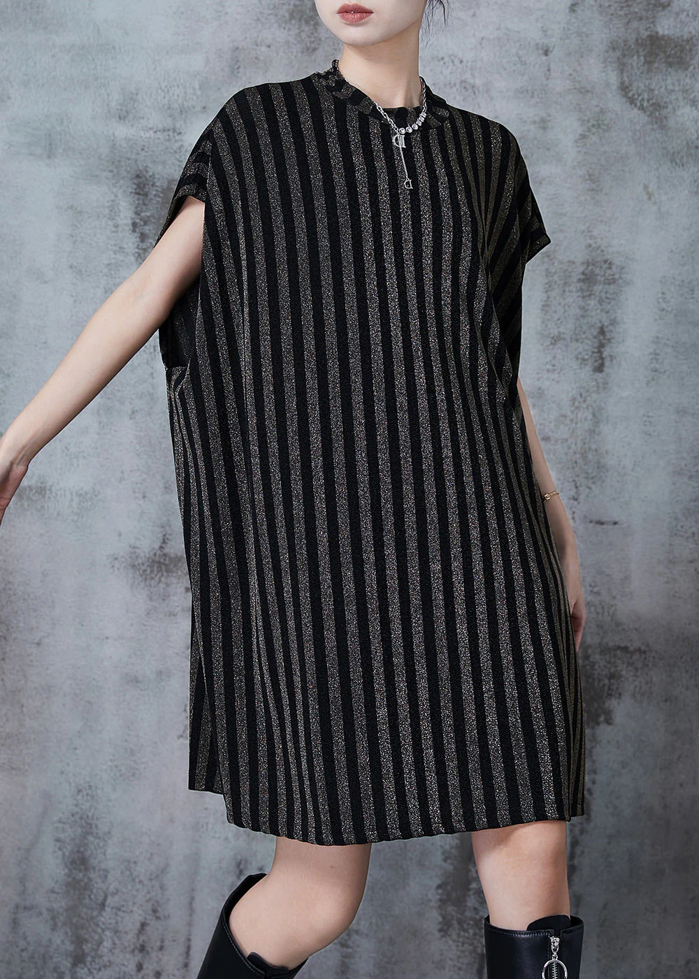 Italian Golden Oversized Striped Cotton Mid Dress Summer - Image 3