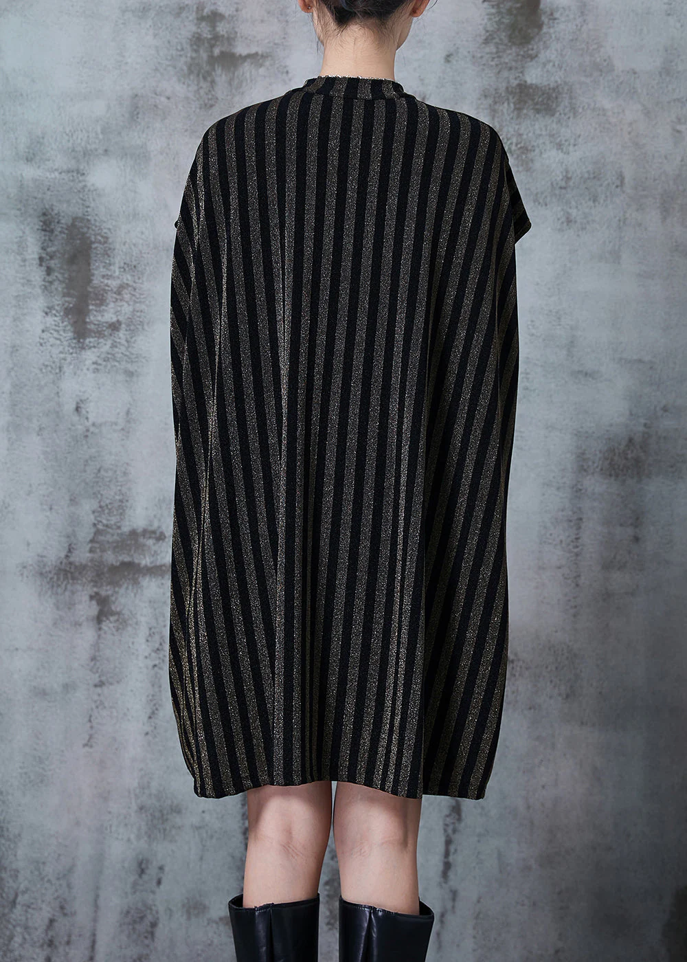 Italian Golden Oversized Striped Cotton Mid Dress Summer - Image 4