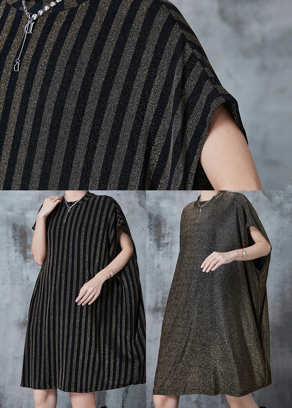 Italian Golden Oversized Striped Cotton Mid Dress Summer - Image 5