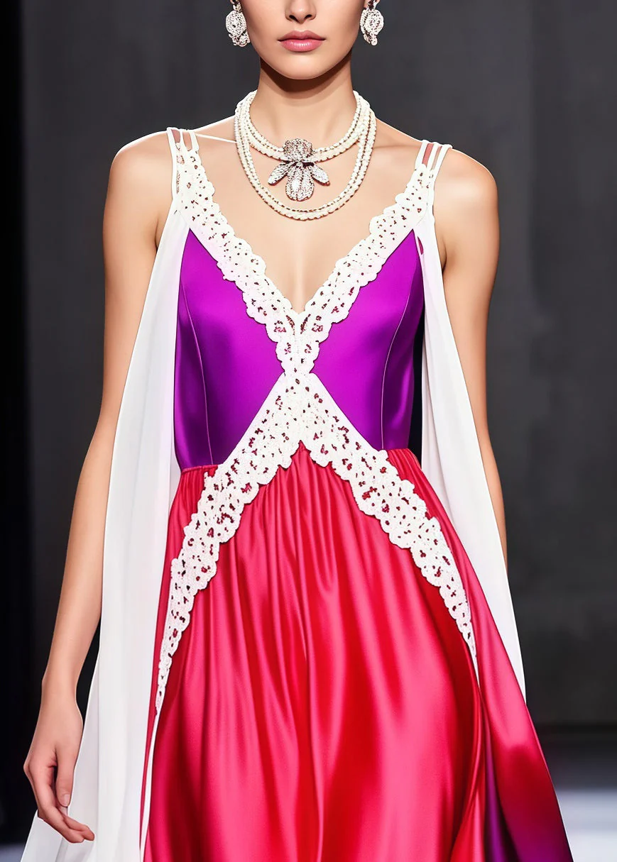Italian Gradient Color Lace Patchwork Draping Silk Evening Dresses Summer - Image 2