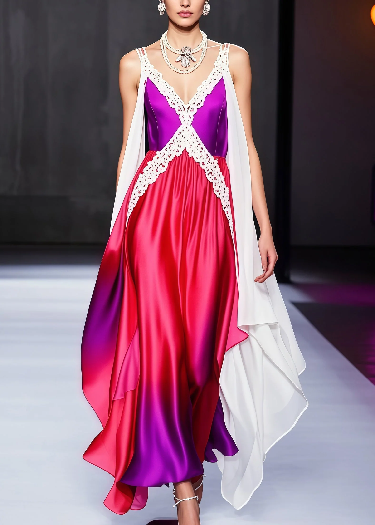 Italian Gradient Color Lace Patchwork Draping Silk Evening Dresses Summer - Image 3