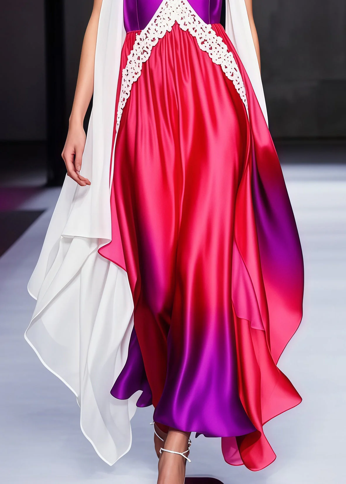 Italian Gradient Color Lace Patchwork Draping Silk Evening Dresses Summer - Image 4
