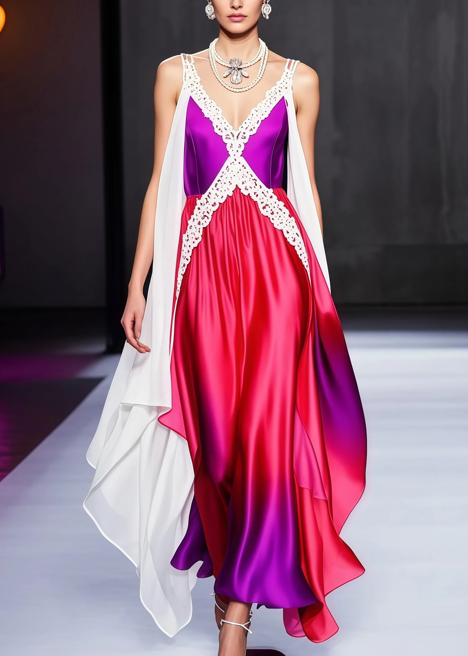 Italian Gradient Color Lace Patchwork Draping Silk Evening Dresses Summer - Image 5