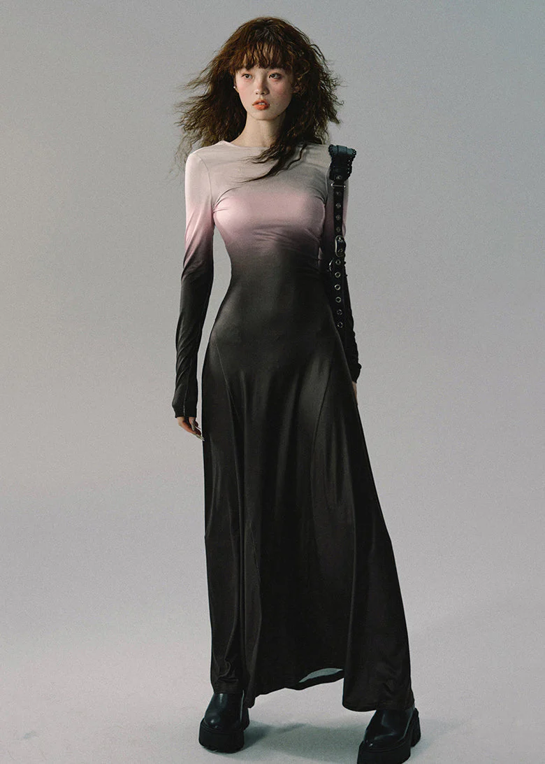 Italian Gradient Color Lace UP Cotton Long Dresses Long Sleeve - Image 2