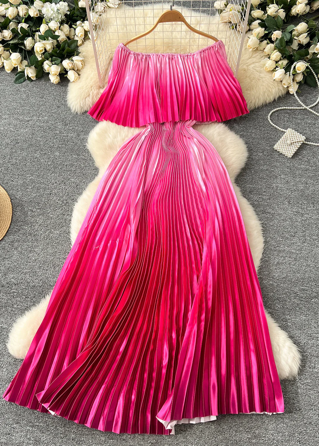 Italian Gradient Orange Slash Neck Cold Shoulder Chiffon Pleated Dress Summer - Image 4