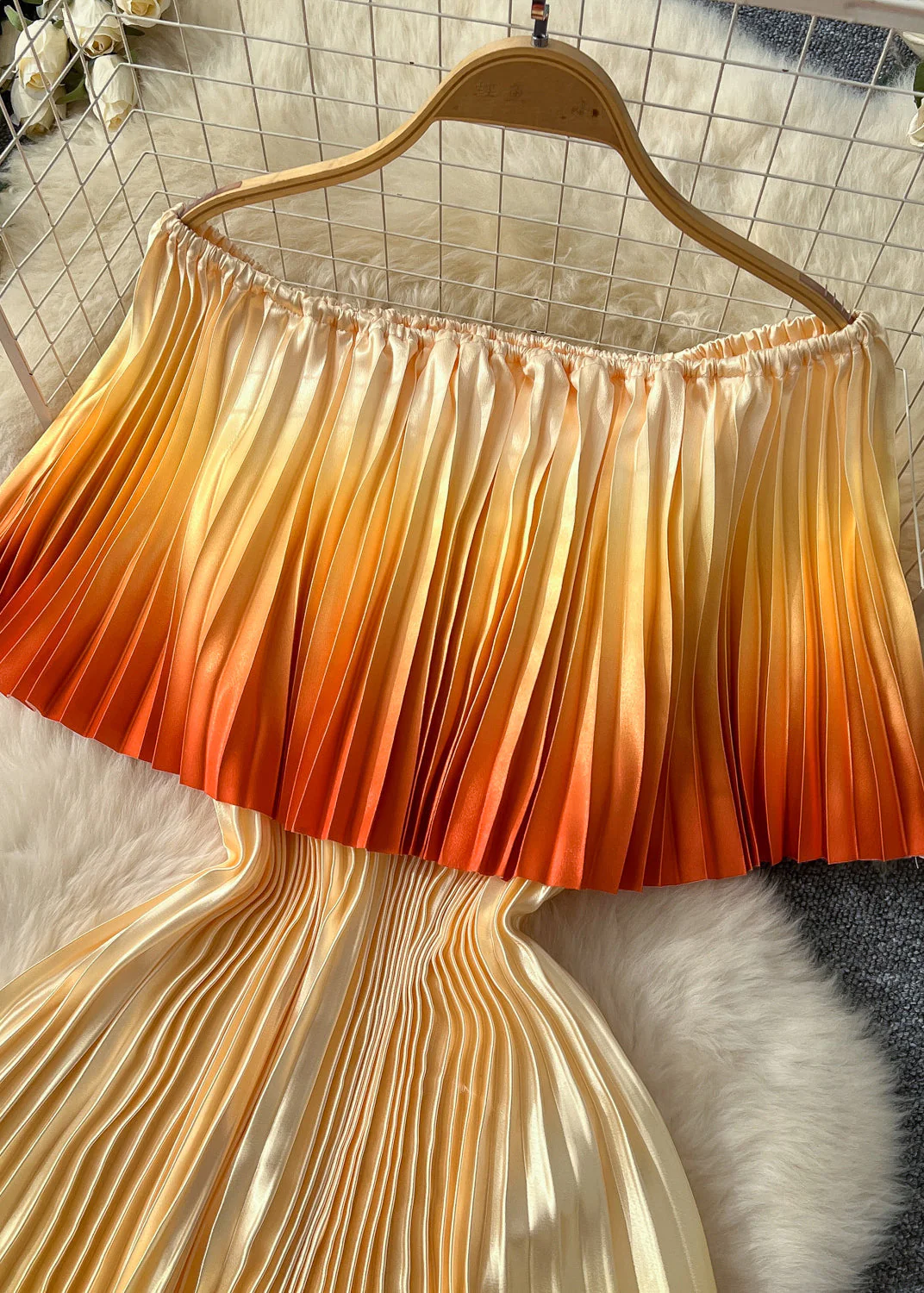 Italian Gradient Orange Slash Neck Cold Shoulder Chiffon Pleated Dress Summer - Image 5