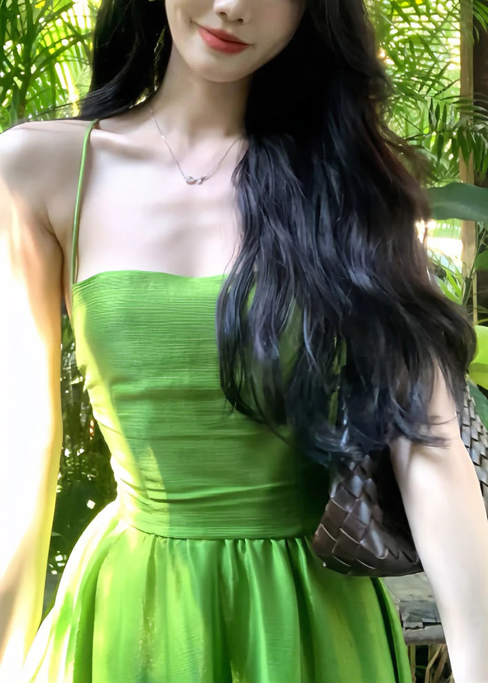 Italian Grass Green Backless Exra Large Hem Cotton Cami Dresses Summer - Image 3