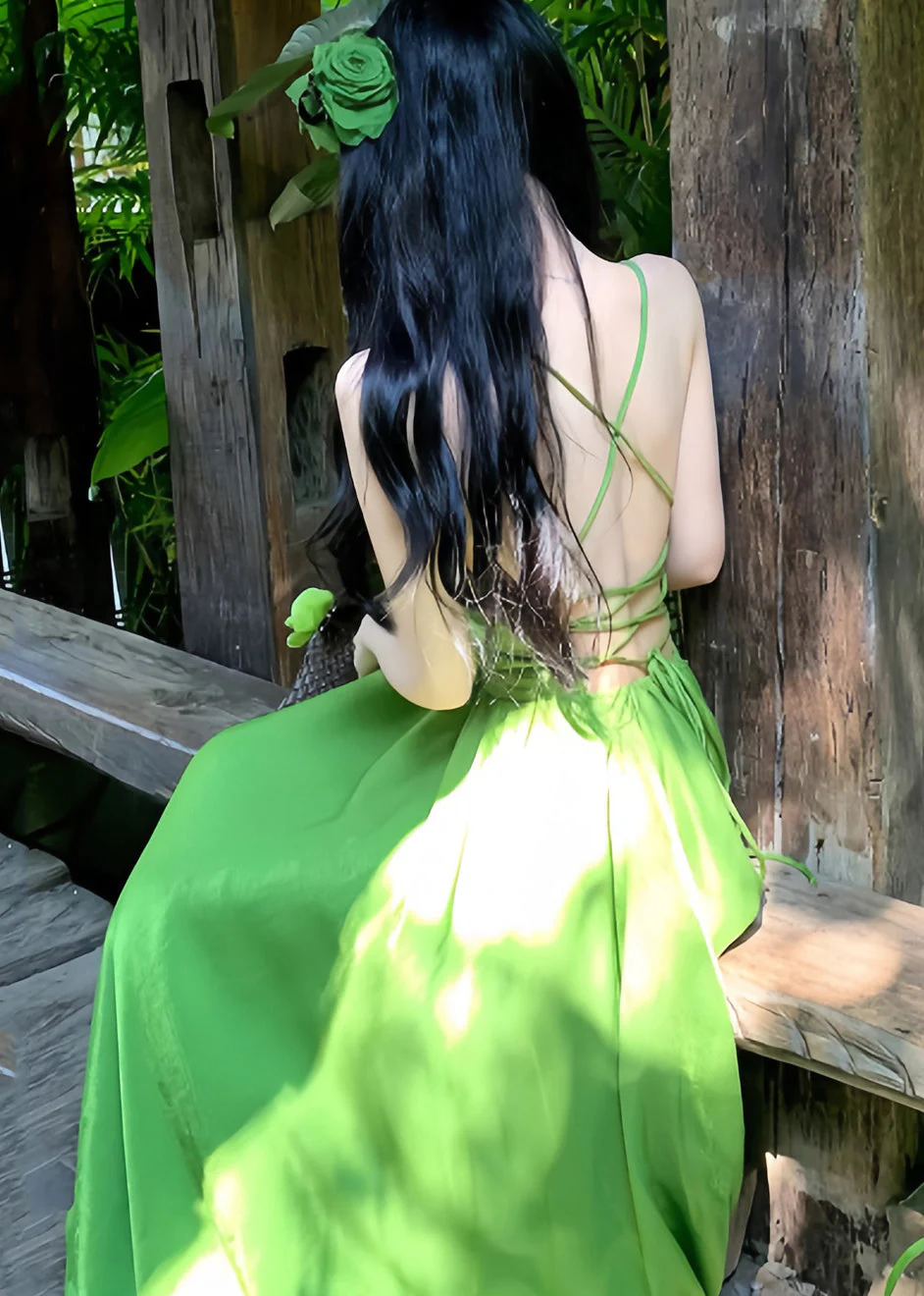 Italian Grass Green Backless Exra Large Hem Cotton Cami Dresses Summer - Image 4