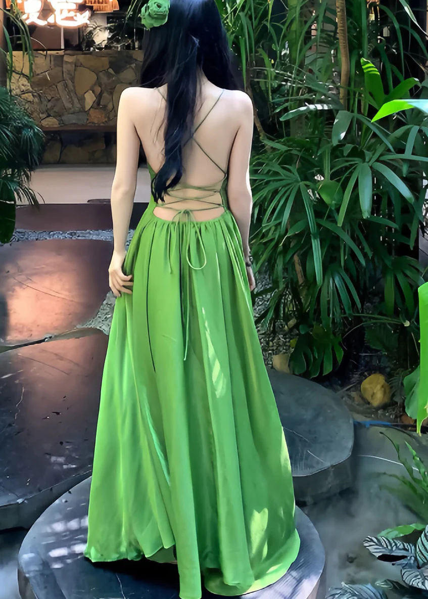 Italian Grass Green Backless Exra Large Hem Cotton Cami Dresses Summer - Image 5