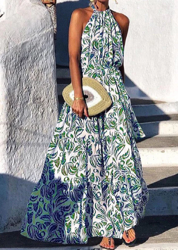 Italian Green Backless Print Cotton Halter Dresses Summer - Image 3