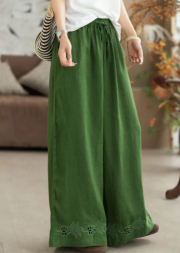 Italian Green Embroidered Hollow Out Linen Straight Pants Summer - Image 3