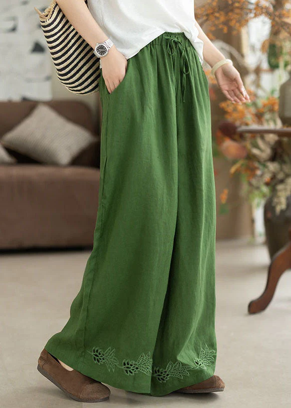Italian Green Embroidered Hollow Out Linen Straight Pants Summer - Image 4