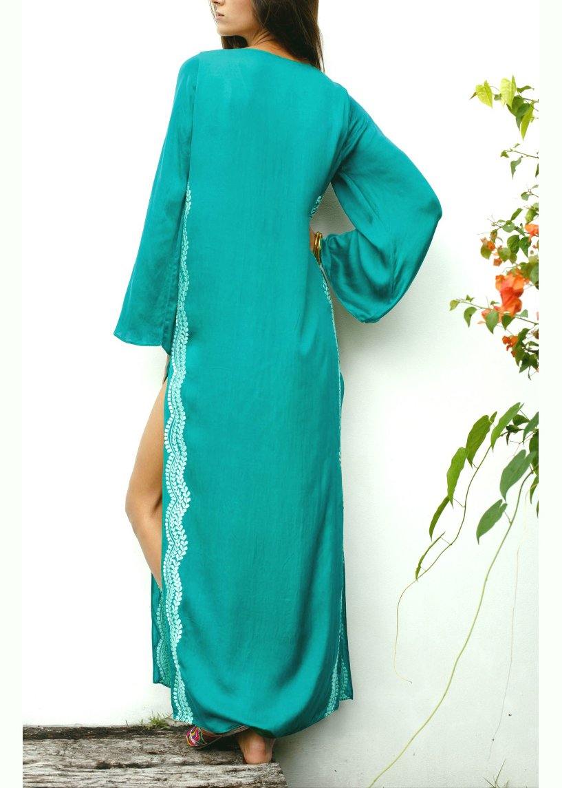 Italian Green Embroideried Long sleeve Cotton Dress Beach Gown Summer - Image 4