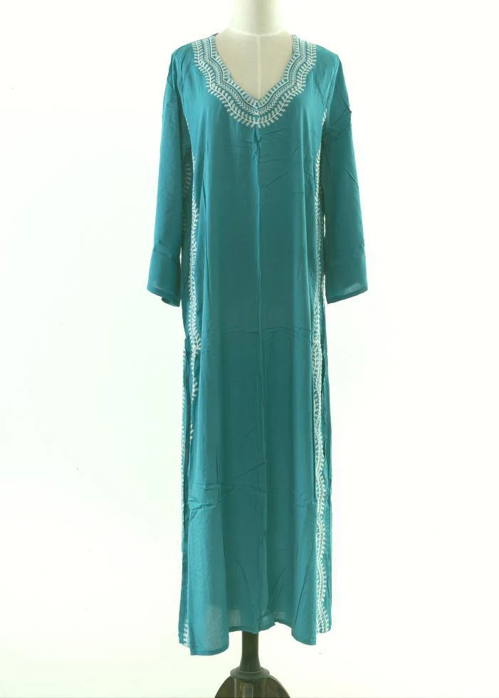 Italian Green Embroideried Long sleeve Cotton Dress Beach Gown Summer - Image 5