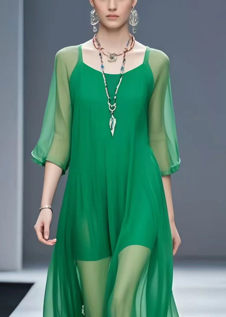 Italian Green Floral Chiffon Vacation Dresses Bracelet Sleeve - Image 2