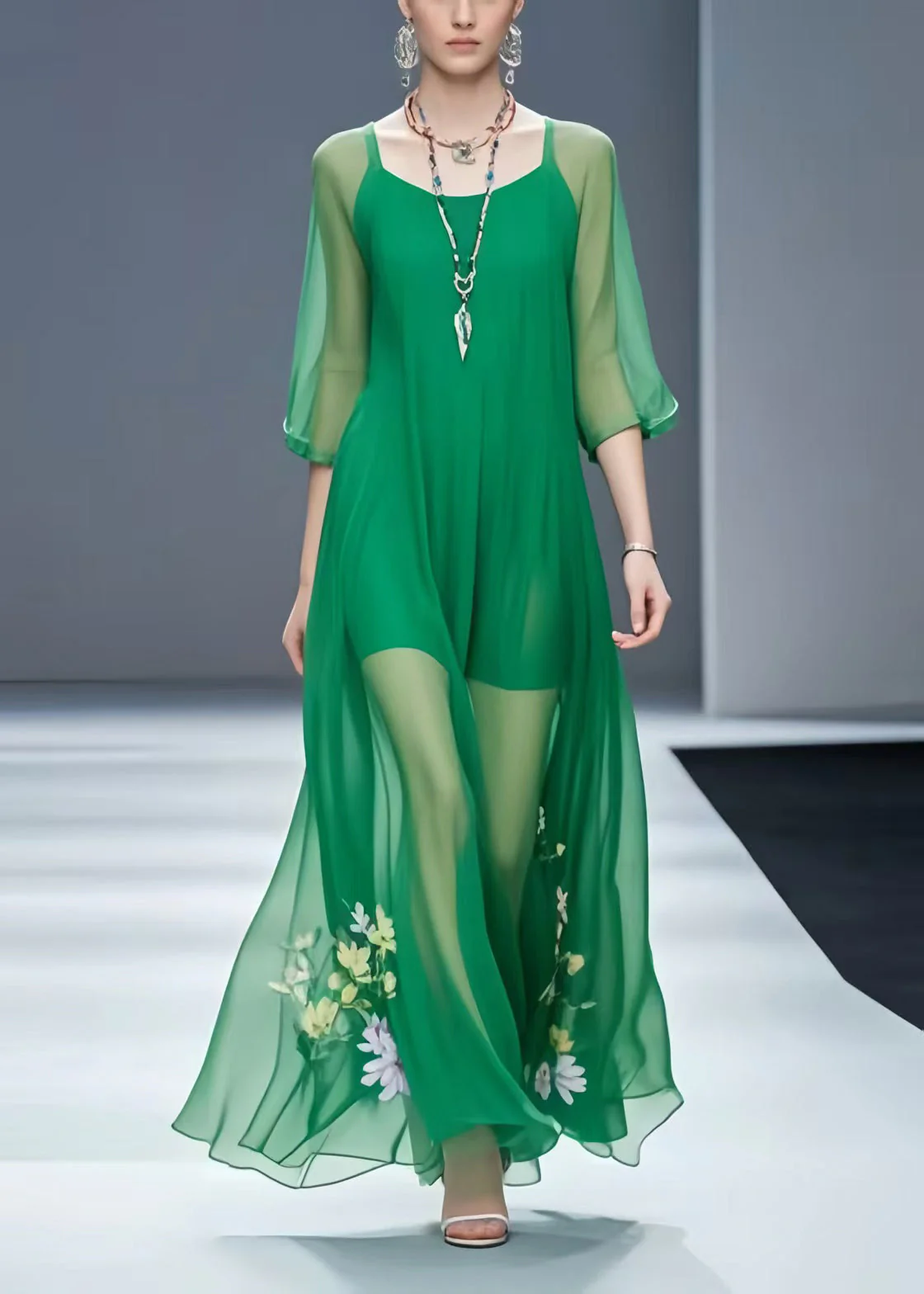 Italian Green Floral Chiffon Vacation Dresses Bracelet Sleeve - Image 3