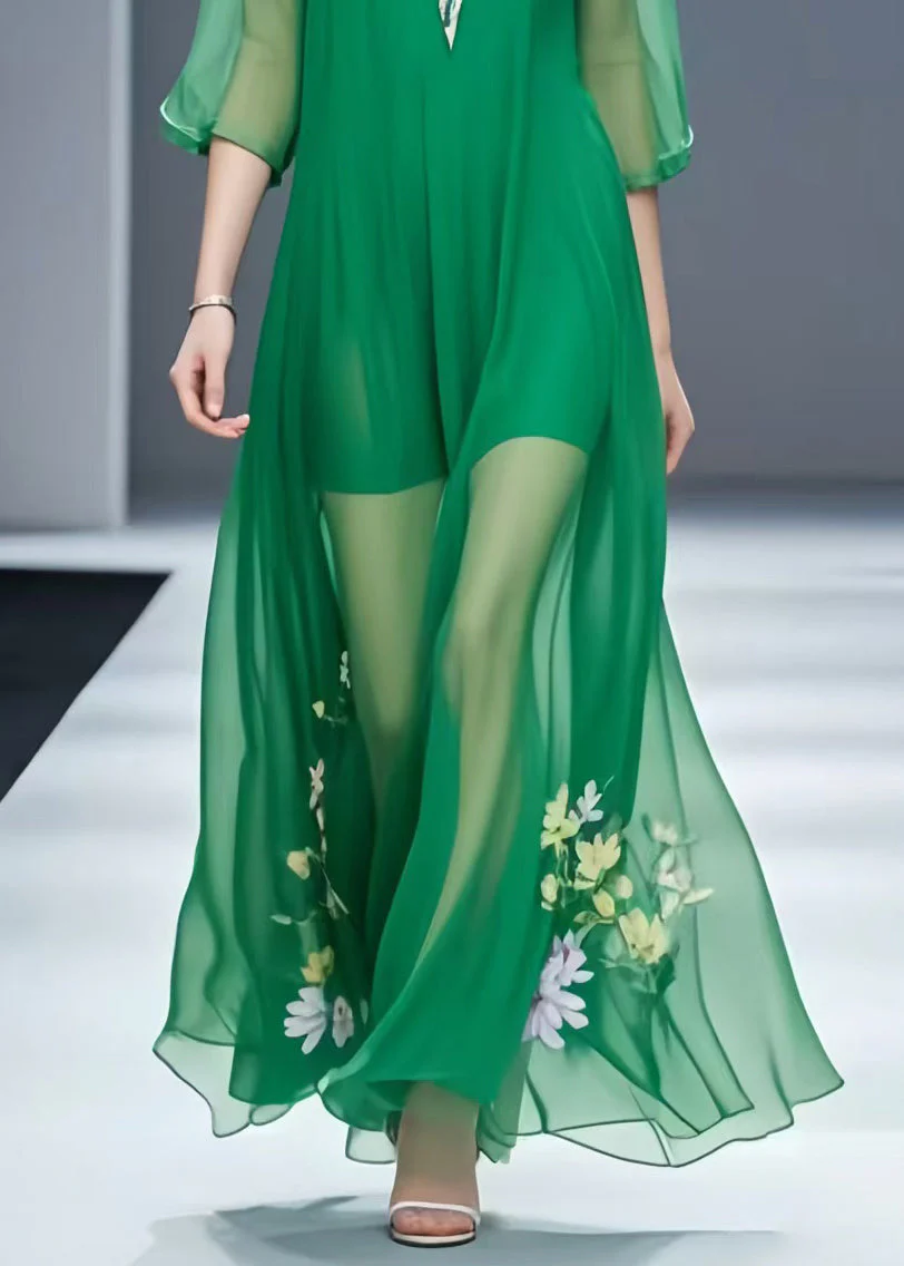 Italian Green Floral Chiffon Vacation Dresses Bracelet Sleeve - Image 4