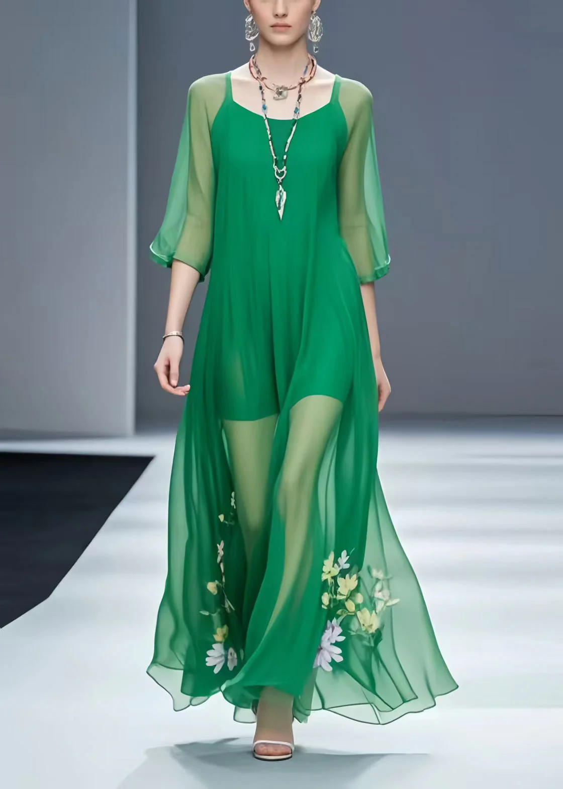 Italian Green Floral Chiffon Vacation Dresses Bracelet Sleeve - Image 5
