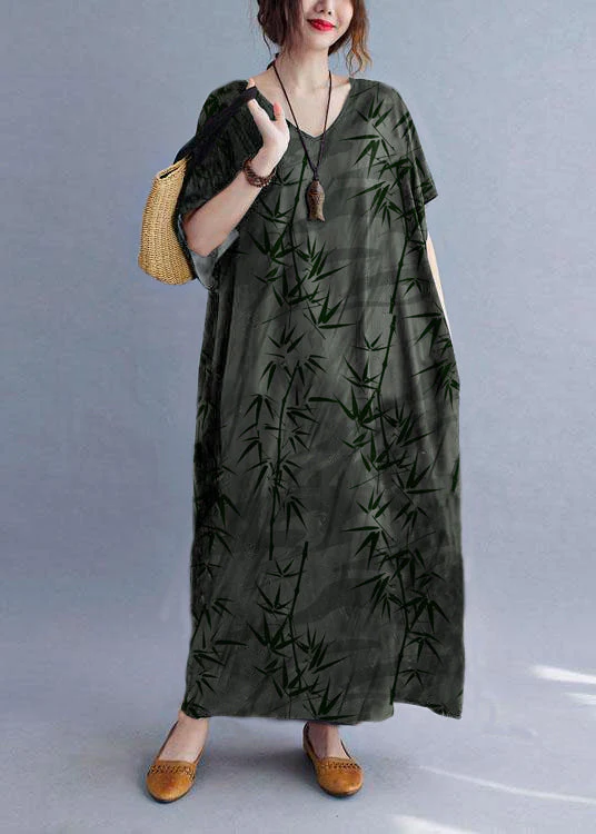Italian Green flowers V Neck Pockets Print Summer Holiday Dress Short Sleeve - Image 3