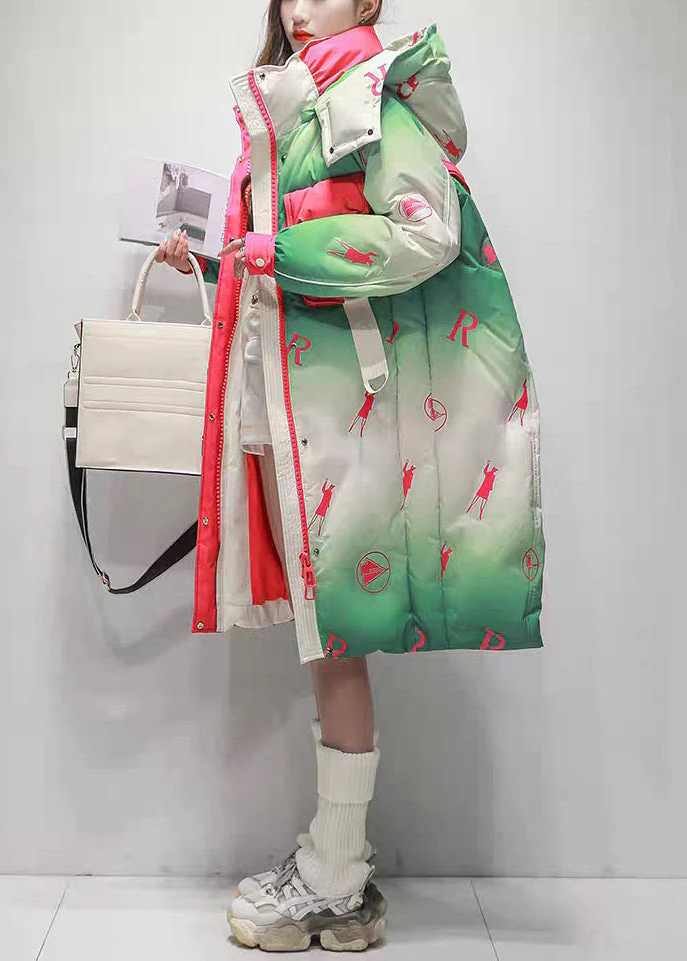 Italian Green Gradient Color Zip Up Pockets Patchwork Duck Down Long Coats - Image 3