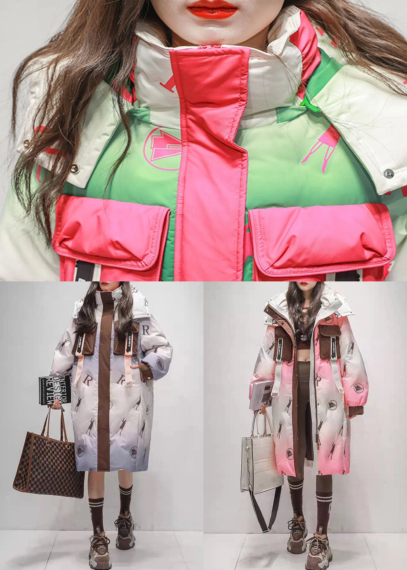 Italian Green Gradient Color Zip Up Pockets Patchwork Duck Down Long Coats - Image 5