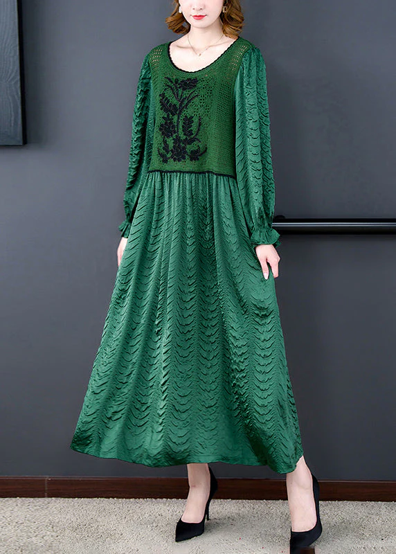 Italian Green Hollow Out Knit Patchwork Silk Long Dresses Fall - Image 3