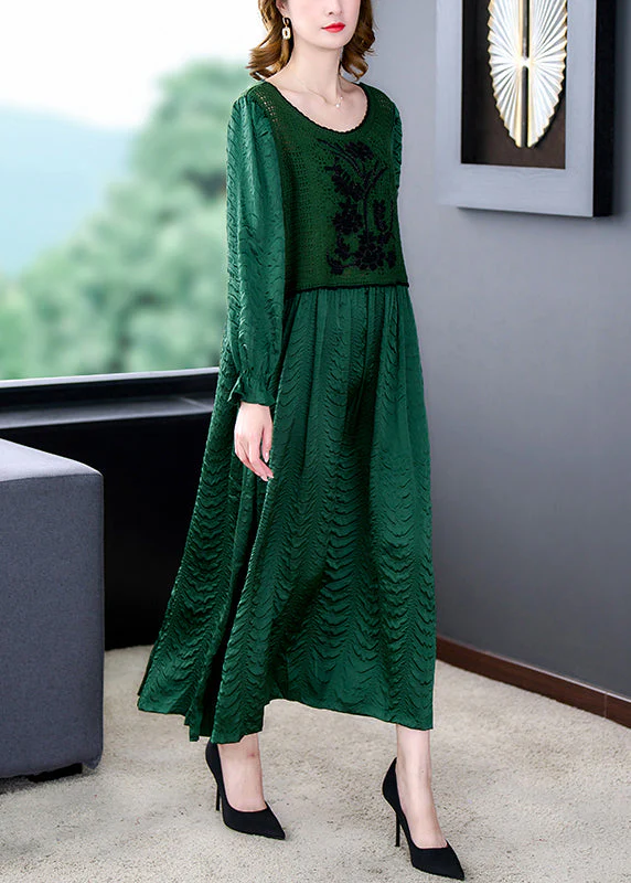 Italian Green Hollow Out Knit Patchwork Silk Long Dresses Fall - Image 4