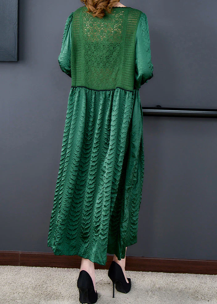 Italian Green Hollow Out Knit Patchwork Silk Long Dresses Fall - Image 5