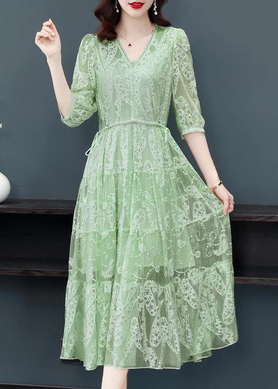 Italian Green Lace Up Embroideried Lace Dress Summer - Image 2