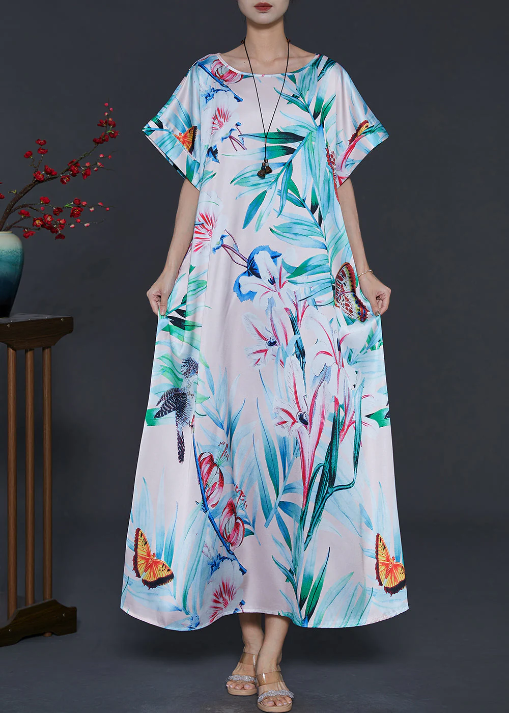 Italian Green Leaf Print Silk Maxi Dresses Summer - Image 2