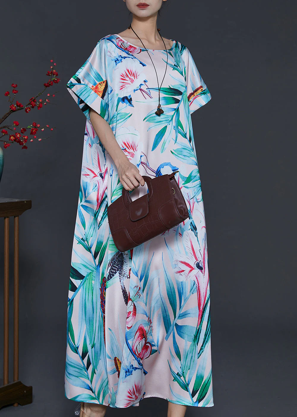 Italian Green Leaf Print Silk Maxi Dresses Summer - Image 3