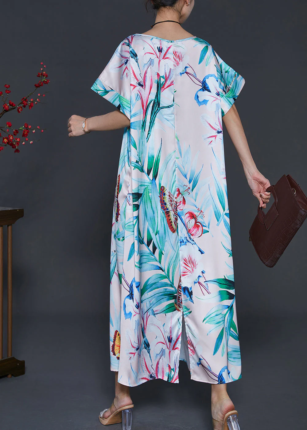 Italian Green Leaf Print Silk Maxi Dresses Summer - Image 4