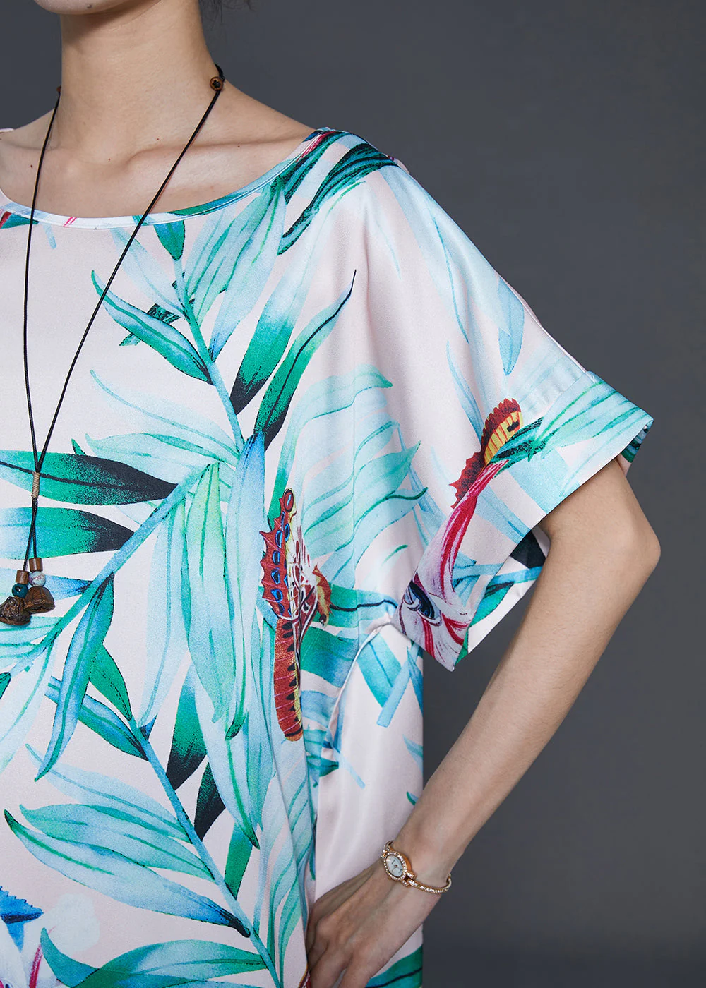 Italian Green Leaf Print Silk Maxi Dresses Summer - Image 5