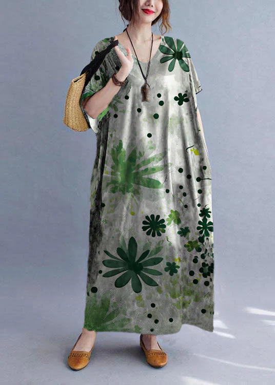 Italian Green lotus V Neck Pockets Print Summer Holiday Dress Short Sleeve - Image 8