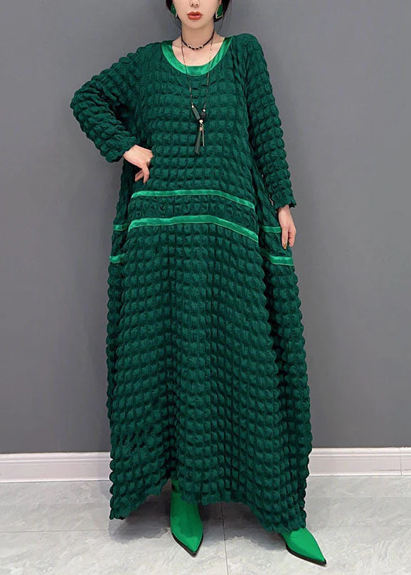 Italian Green O-Neck Loose Wrinkled  Silk  Dresses Spring - Image 3