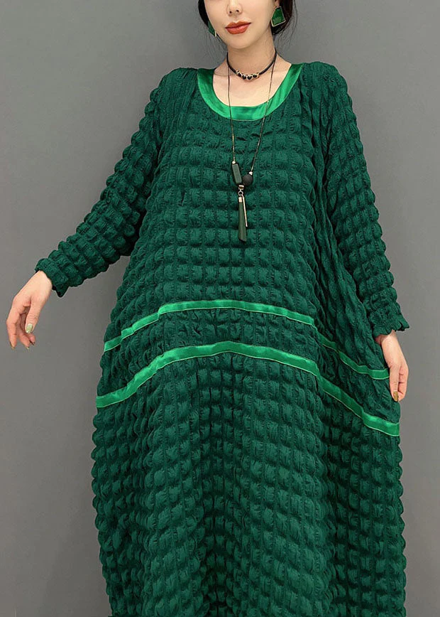 Italian Green O-Neck Loose Wrinkled  Silk  Dresses Spring - Image 5