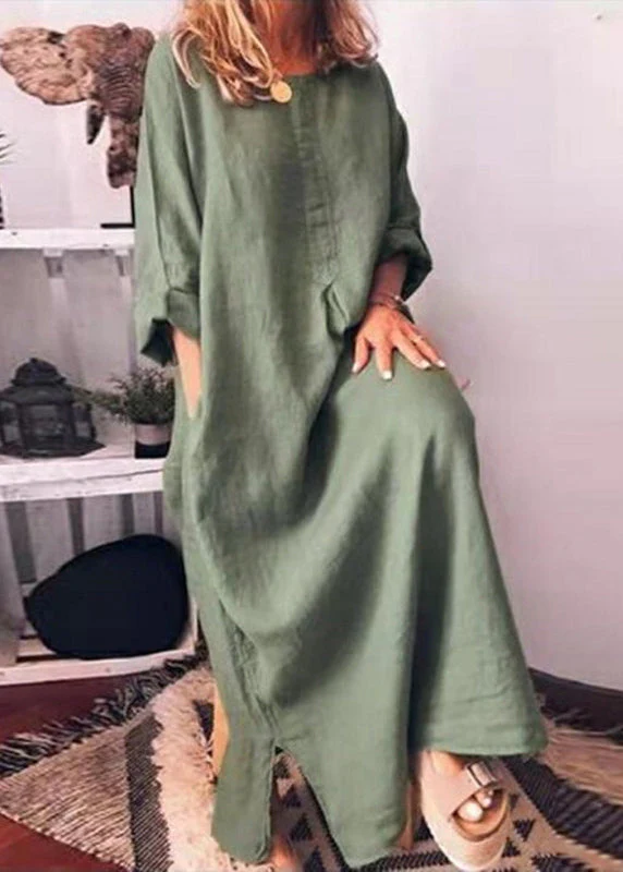 Italian Green O Neck Pockets Cotton Long Dress Fall