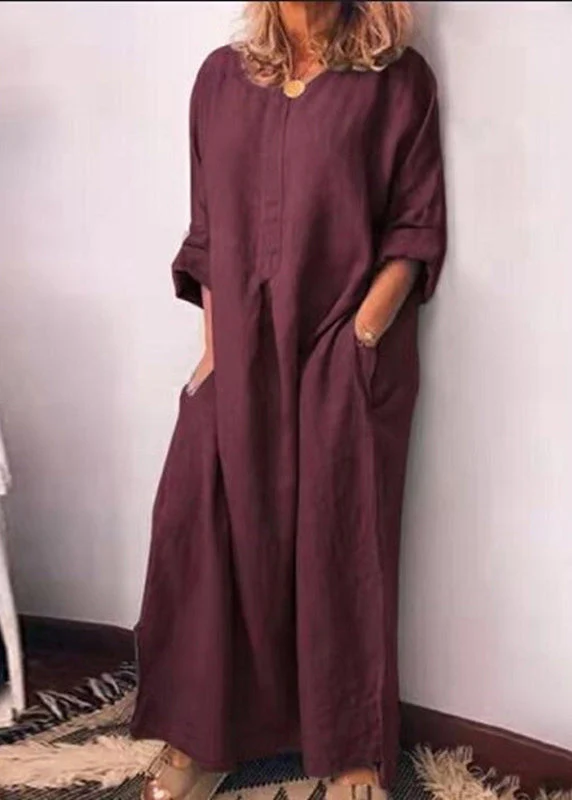 Italian Green O Neck Pockets Cotton Long Dress Fall - Image 2