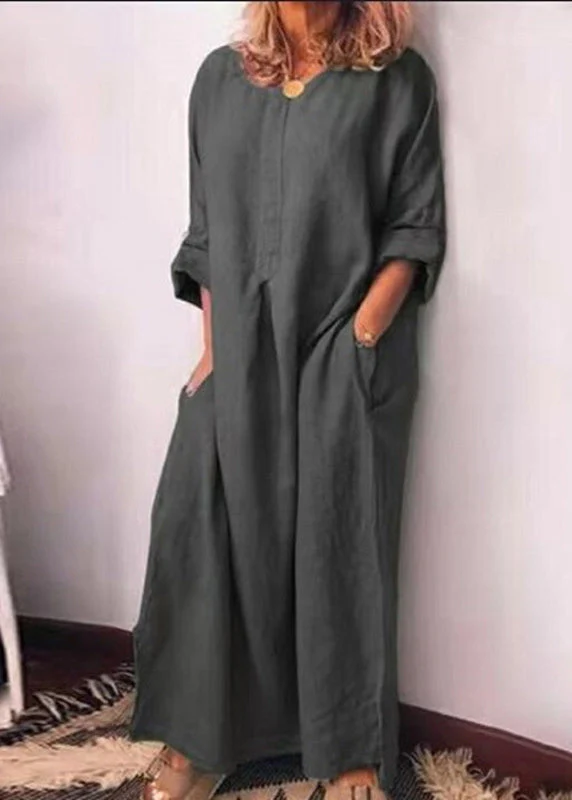Italian Green O Neck Pockets Cotton Long Dress Fall - Image 3