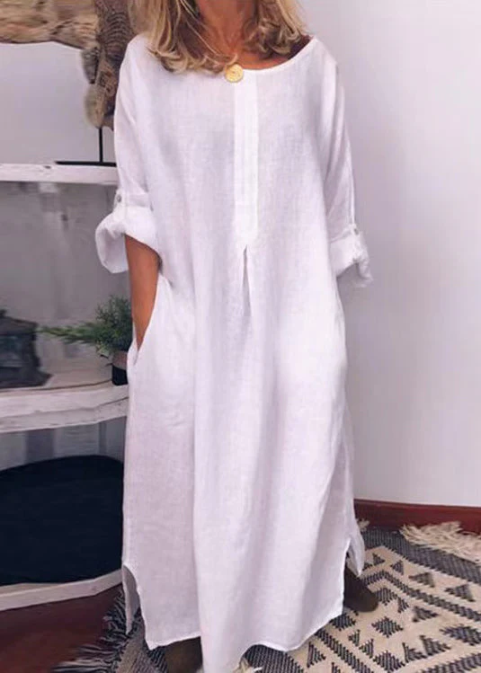 Italian Green O Neck Pockets Cotton Long Dress Fall - Image 4