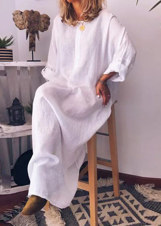 Italian Green O Neck Pockets Cotton Long Dress Fall - Image 5
