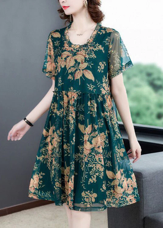 Italian Green O-Neck Print Holiday Long Dress Summer - Image 4